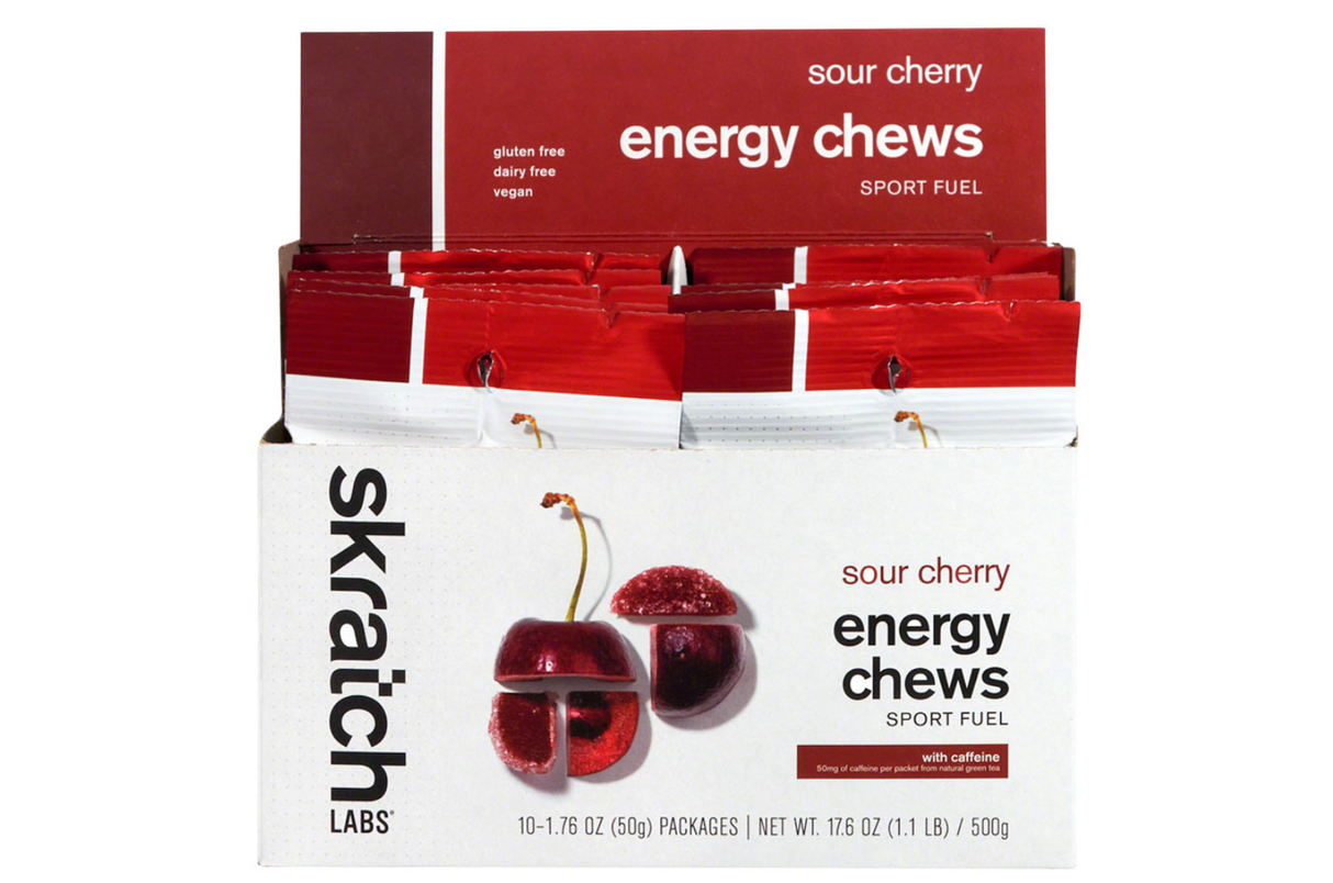 Skratch Labs Energy Chews Sport Fuel - Caffeinated Sour Cherry, Box of 10