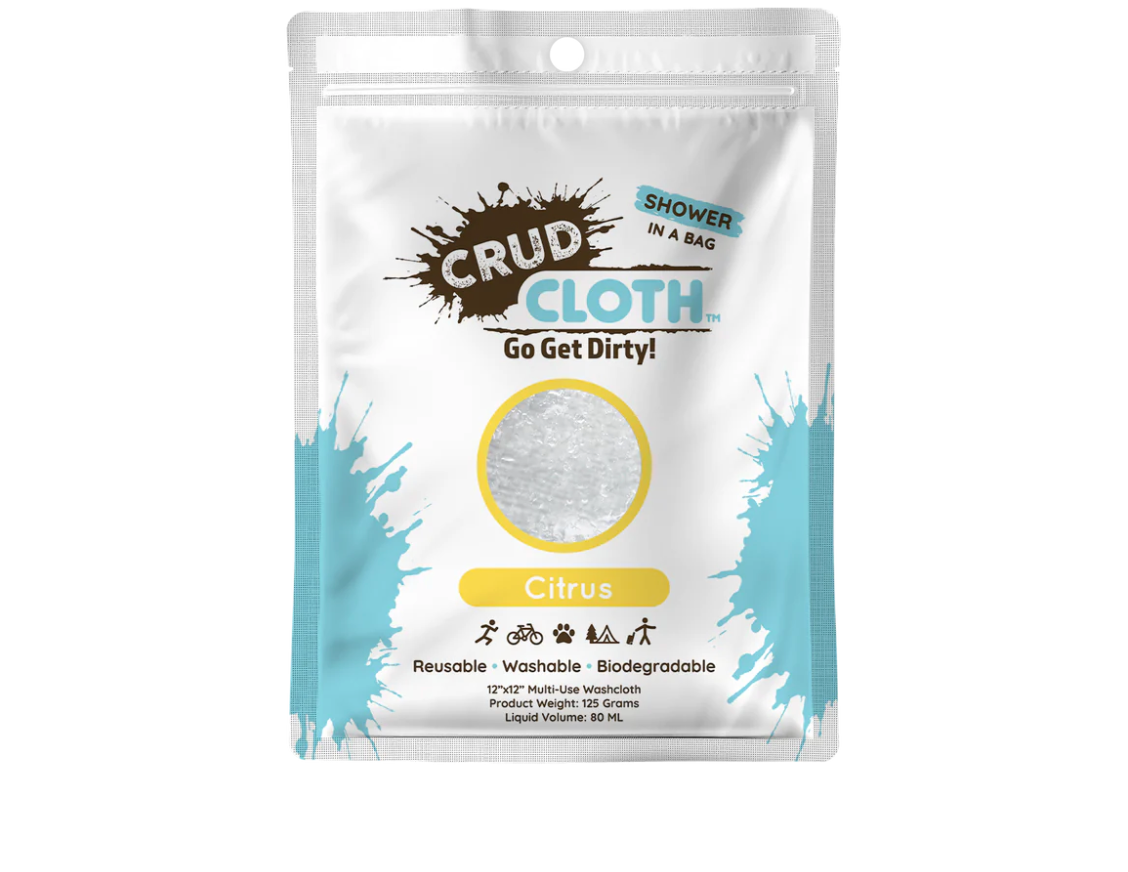 Crud Cloth Shower In A Bag | Citrus Scented | Biodegradable No Rinse Bathing Wipes For Camping, Backpacking, and Travel. Pre Soaped Disposable Washcloths and Body Wipes