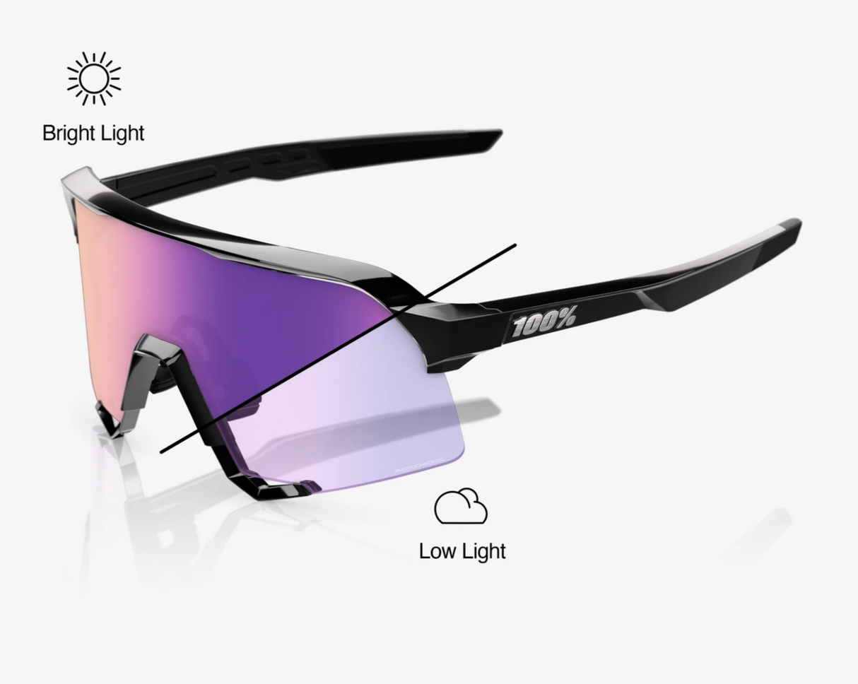 Ride 100% Sunglasses - S3 - Gloss Black - Purple Flash Photochromic