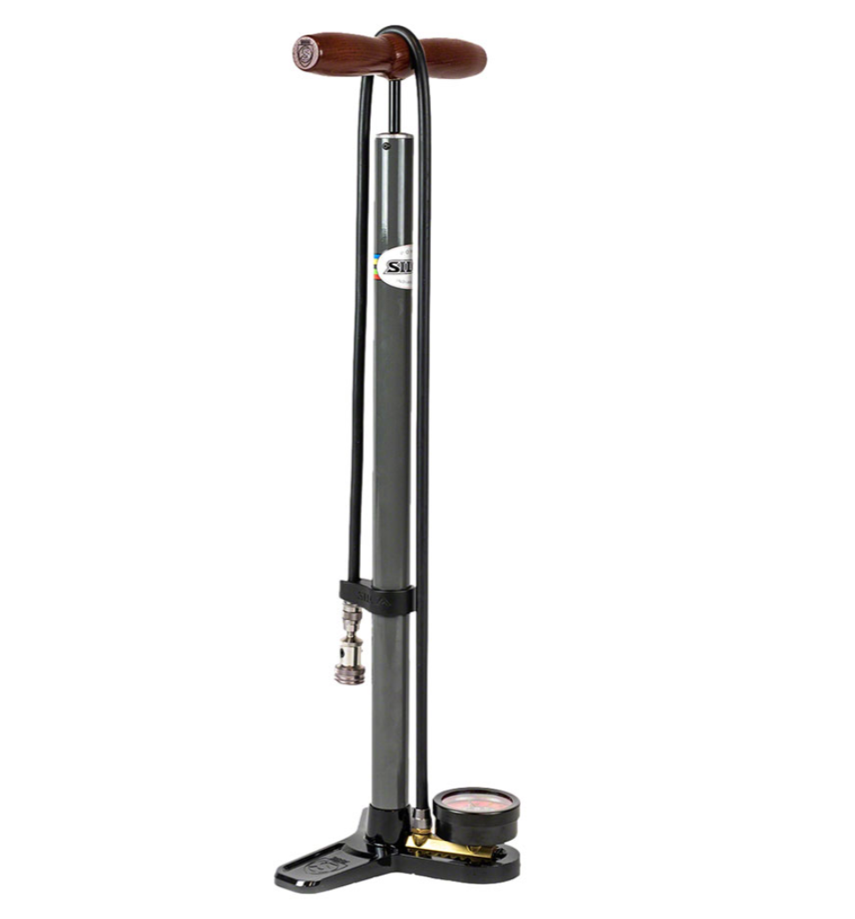 Silca Pista Plus Floor Pump Steel w/ Ash Wood Handle 220psi Press-On Chuck